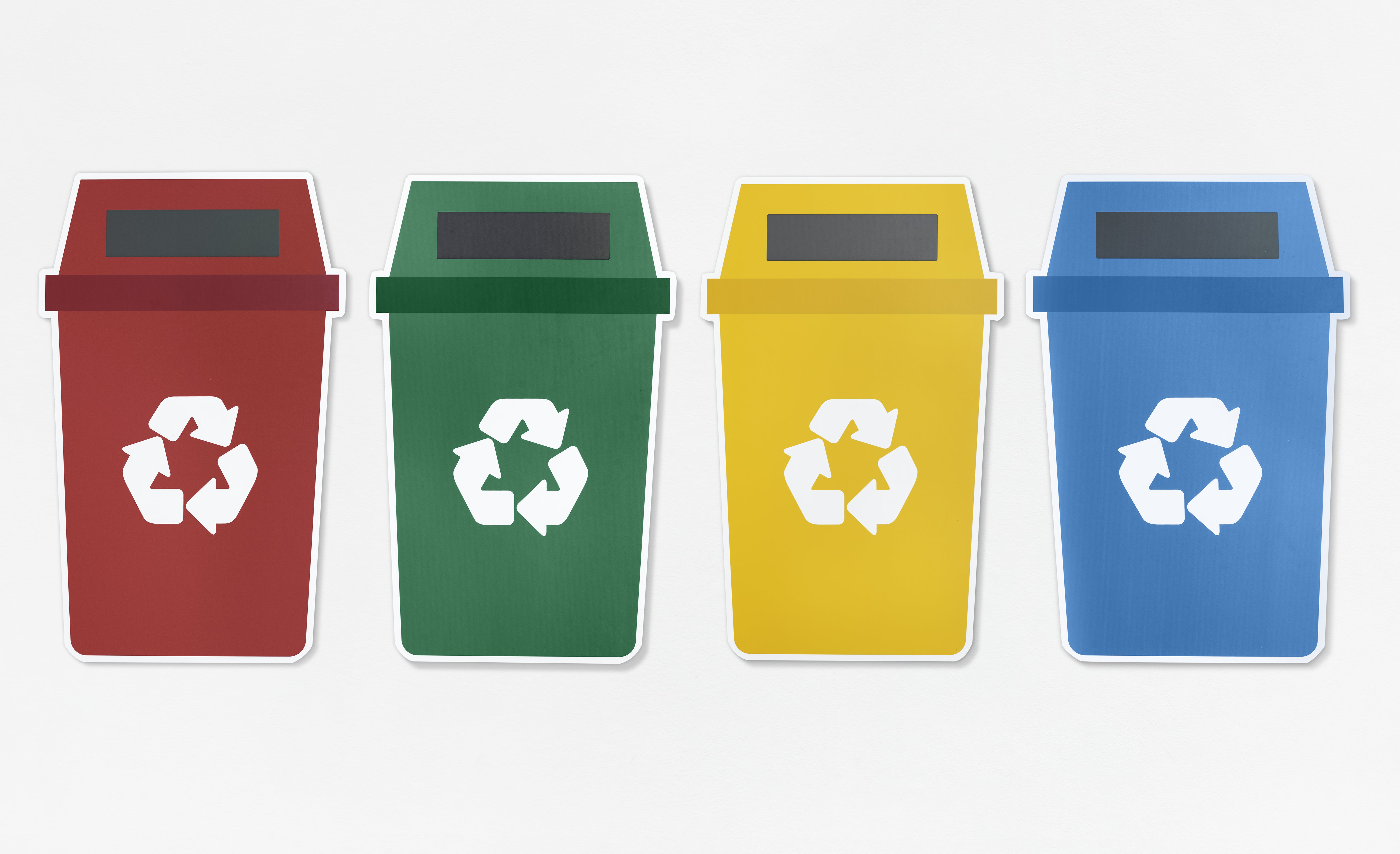 set of trash bins with recycle symbol min